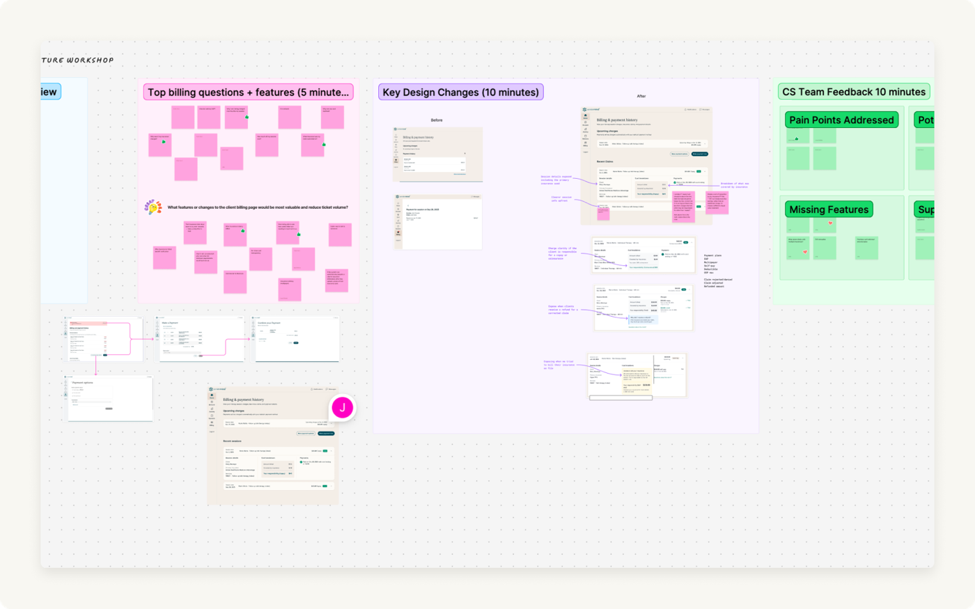 FigJam workshop board — top billing questions and features, key design changes, and CS team feedback
